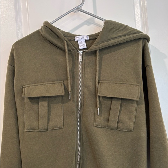 Olive Green Zip-Up Cropped Hoodie Jacket - Picture 2 of 3